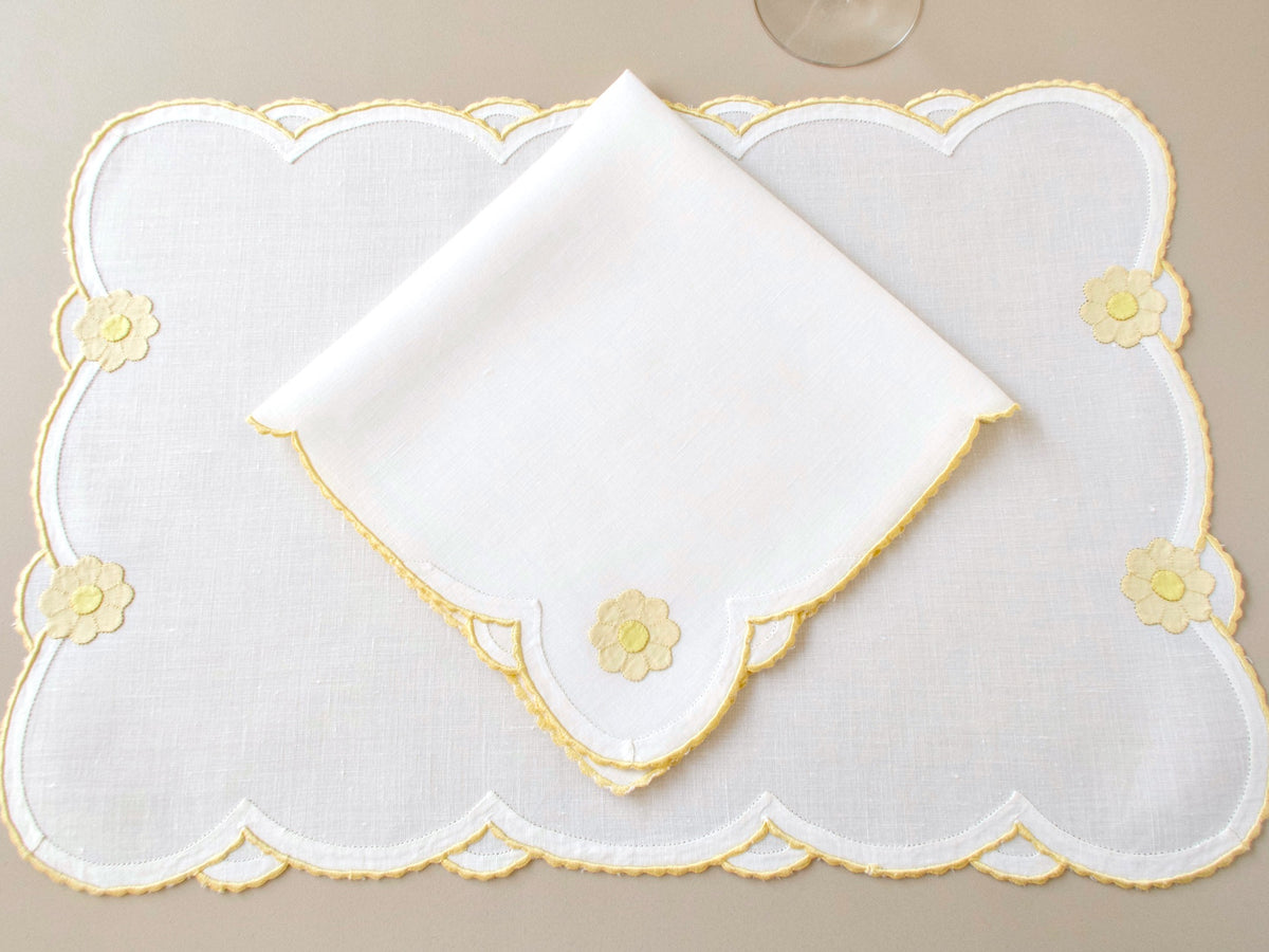  Vintage Madeira placemat and napkin  showing daisy appliqué detail and caseado bastido scalloped border on creamy Irish linen
