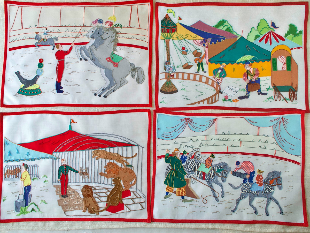 Vintage Italian Circus Placemats, Hand Embroidered, Set of 8