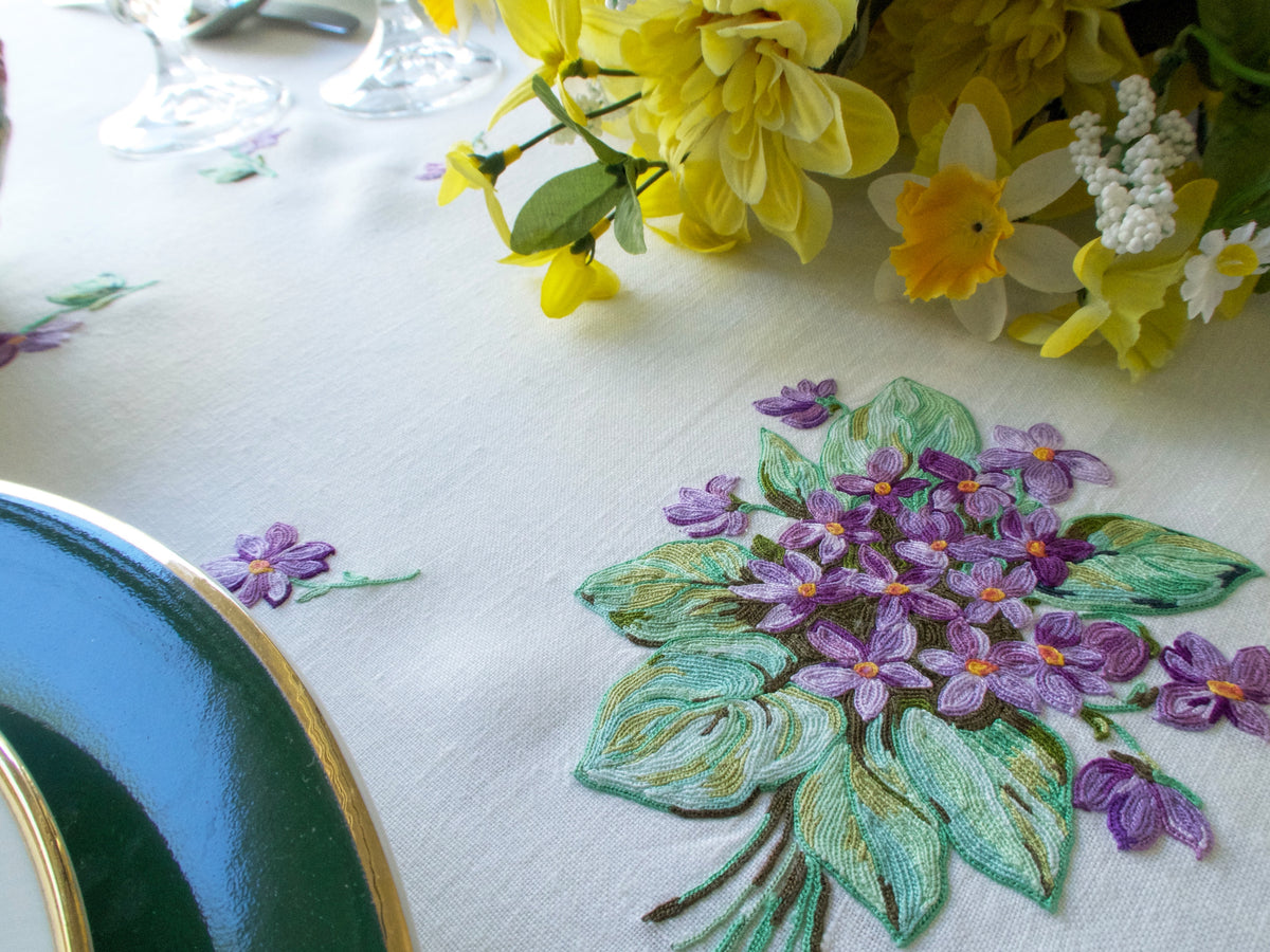Vintage D Porthault Violets 135&quot; Oval Tablecloth &amp; 12 Napkins