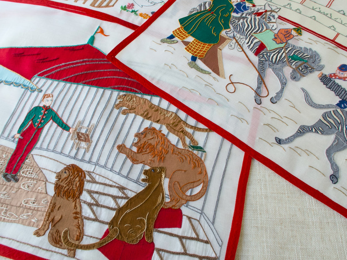 Vintage Italian Circus Placemats, Hand Embroidered, Set of 8