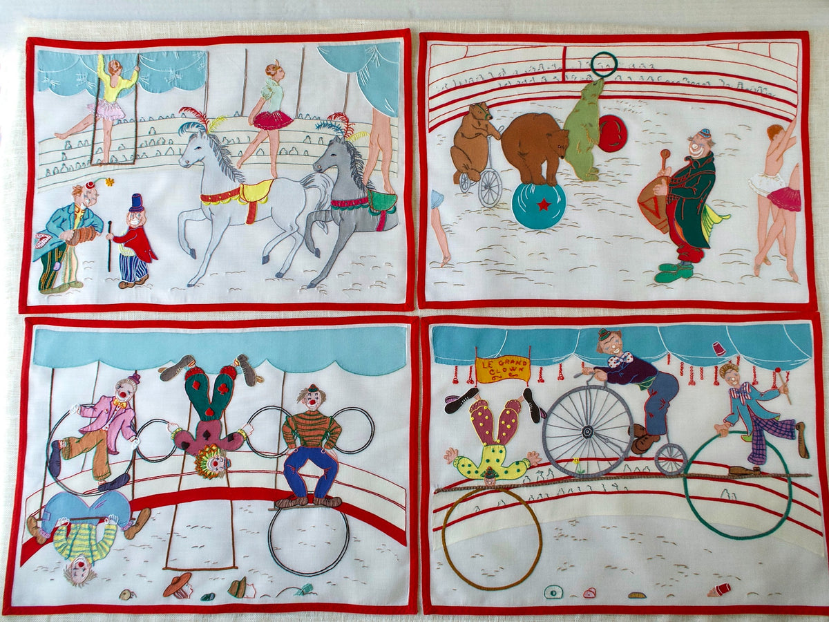Vintage Italian Circus Placemats, Hand Embroidered, Set of 8