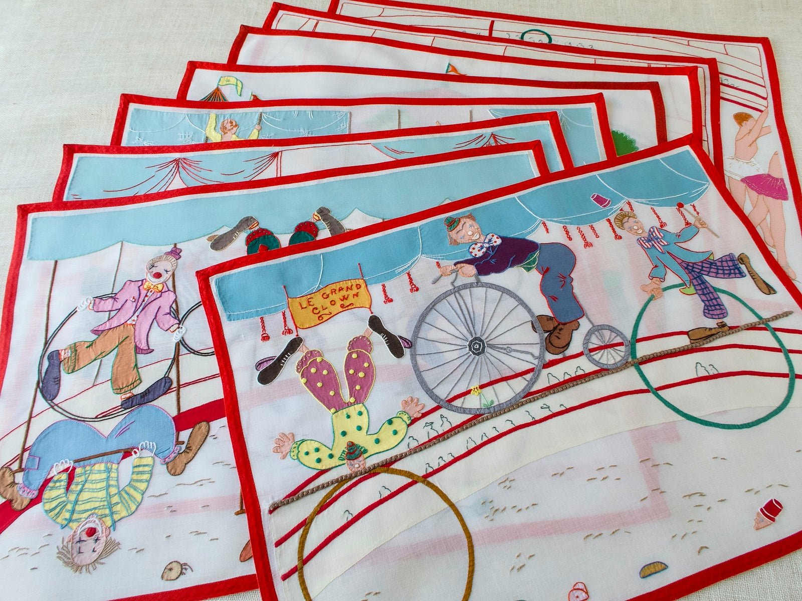 Vintage Italian Circus Placemats, Hand Embroidered, Set of 8