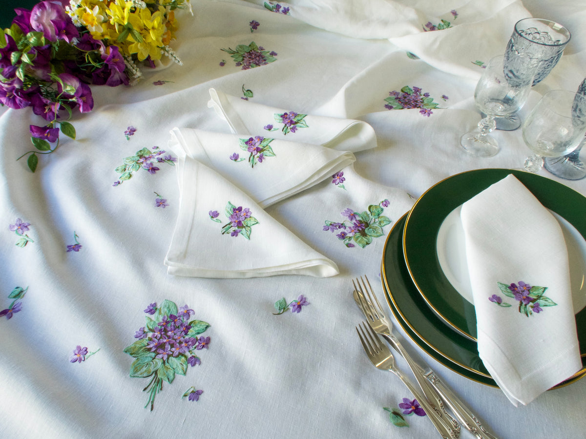 Vintage D Porthault Violets 135&quot; Oval Tablecloth &amp; 12 Napkins