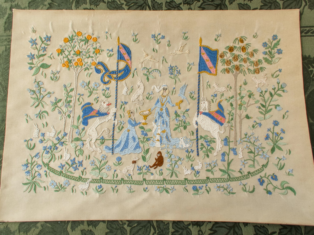 The Lady and the Unicorn - Vintage Rapisardi Embroidered Panel, Unframed