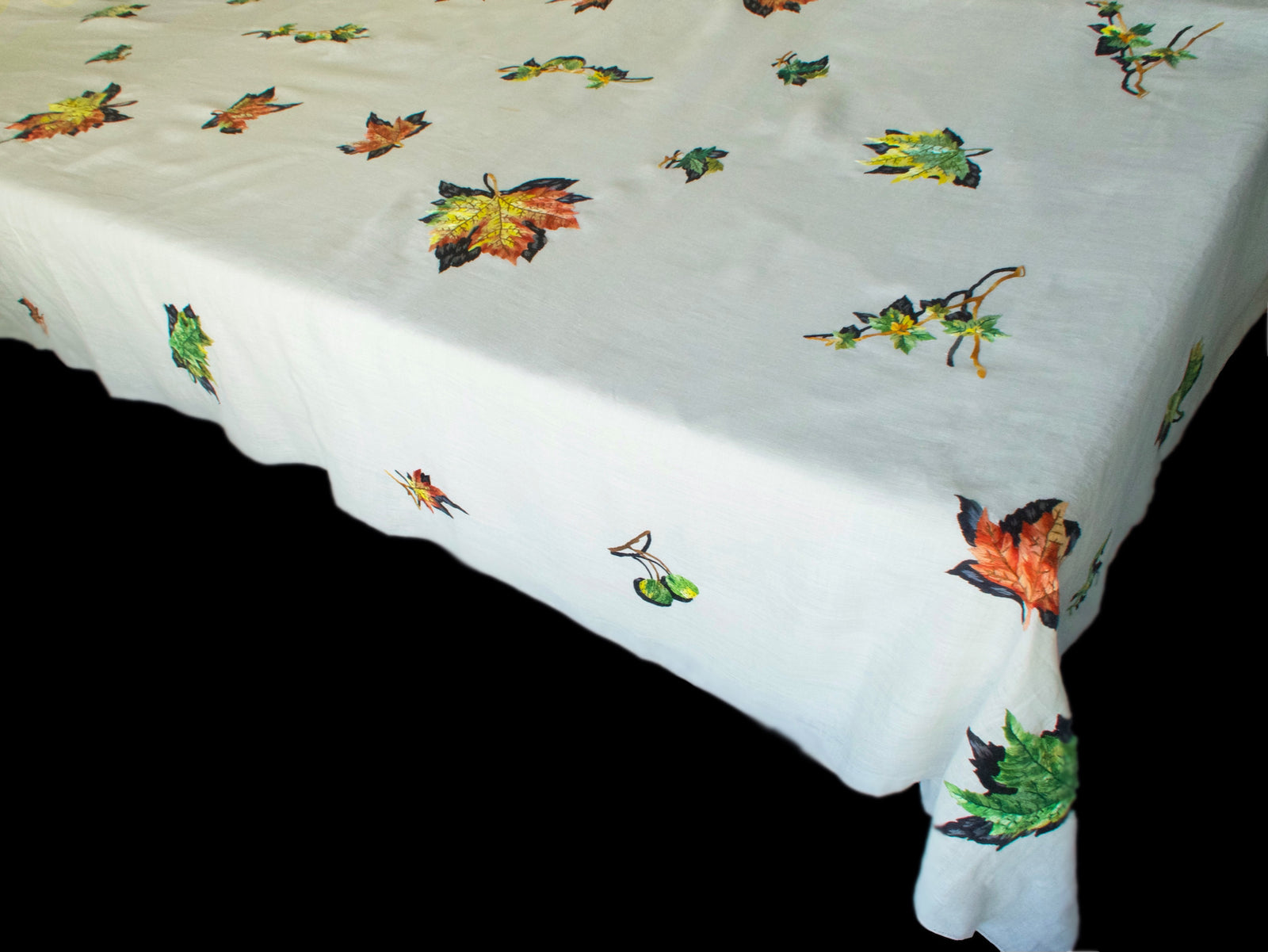 Autumn Leaves Vintage Hand Embroidered Italian Tablecloth 68x120