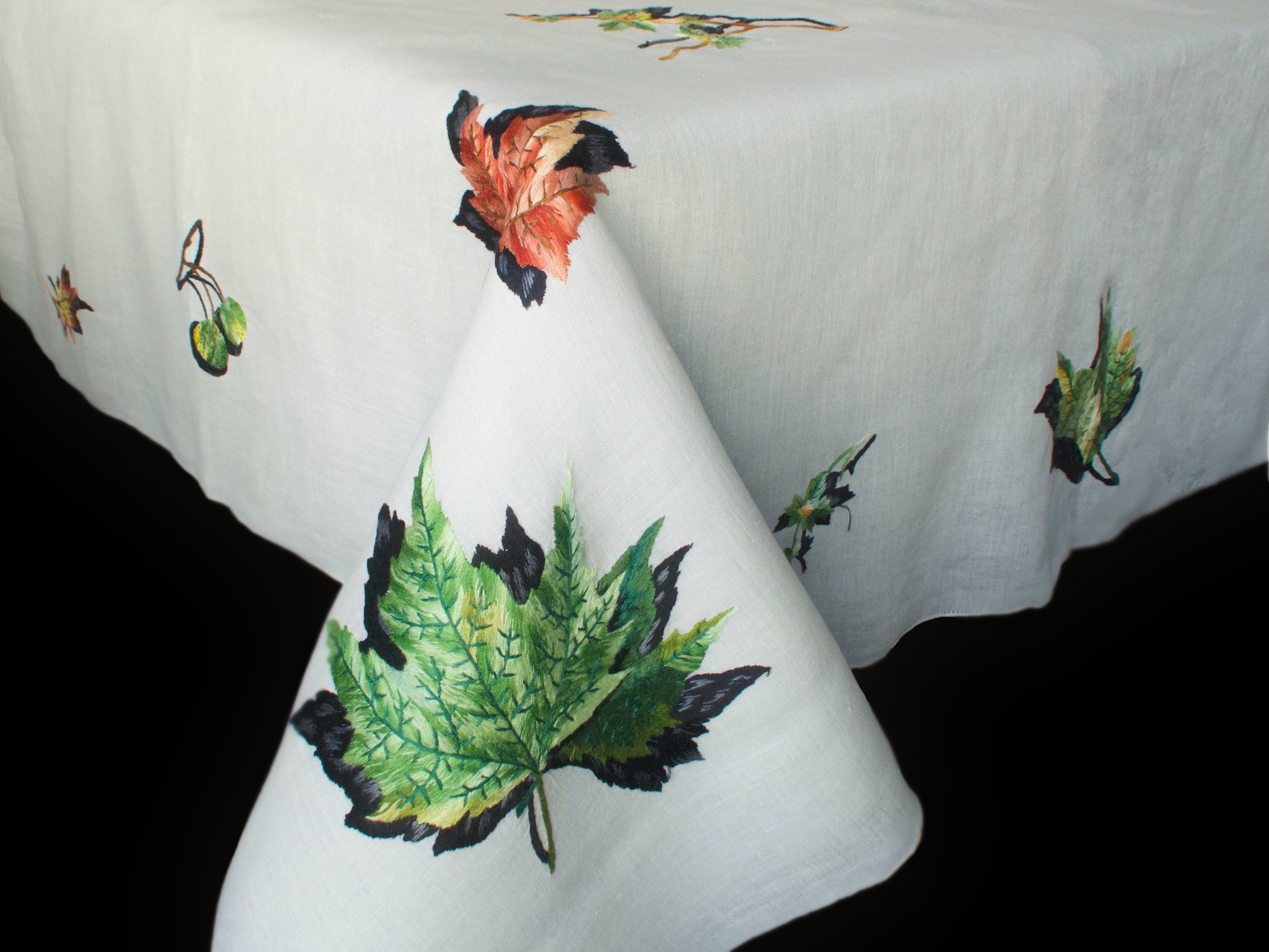 Autumn Leaves Vintage Hand Embroidered Italian Tablecloth 68x120"