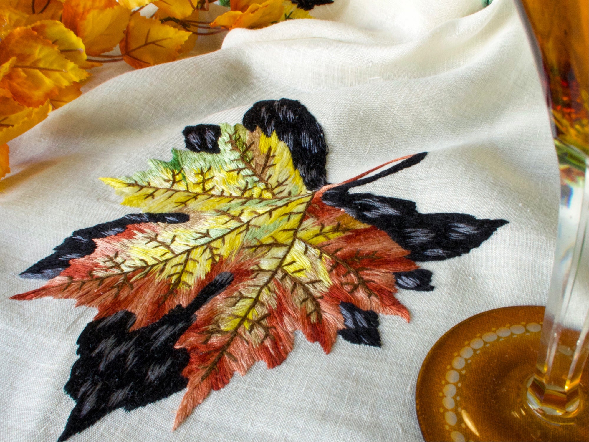 Autumn Leaves Vintage Hand Embroidered Italian Tablecloth 68x120"