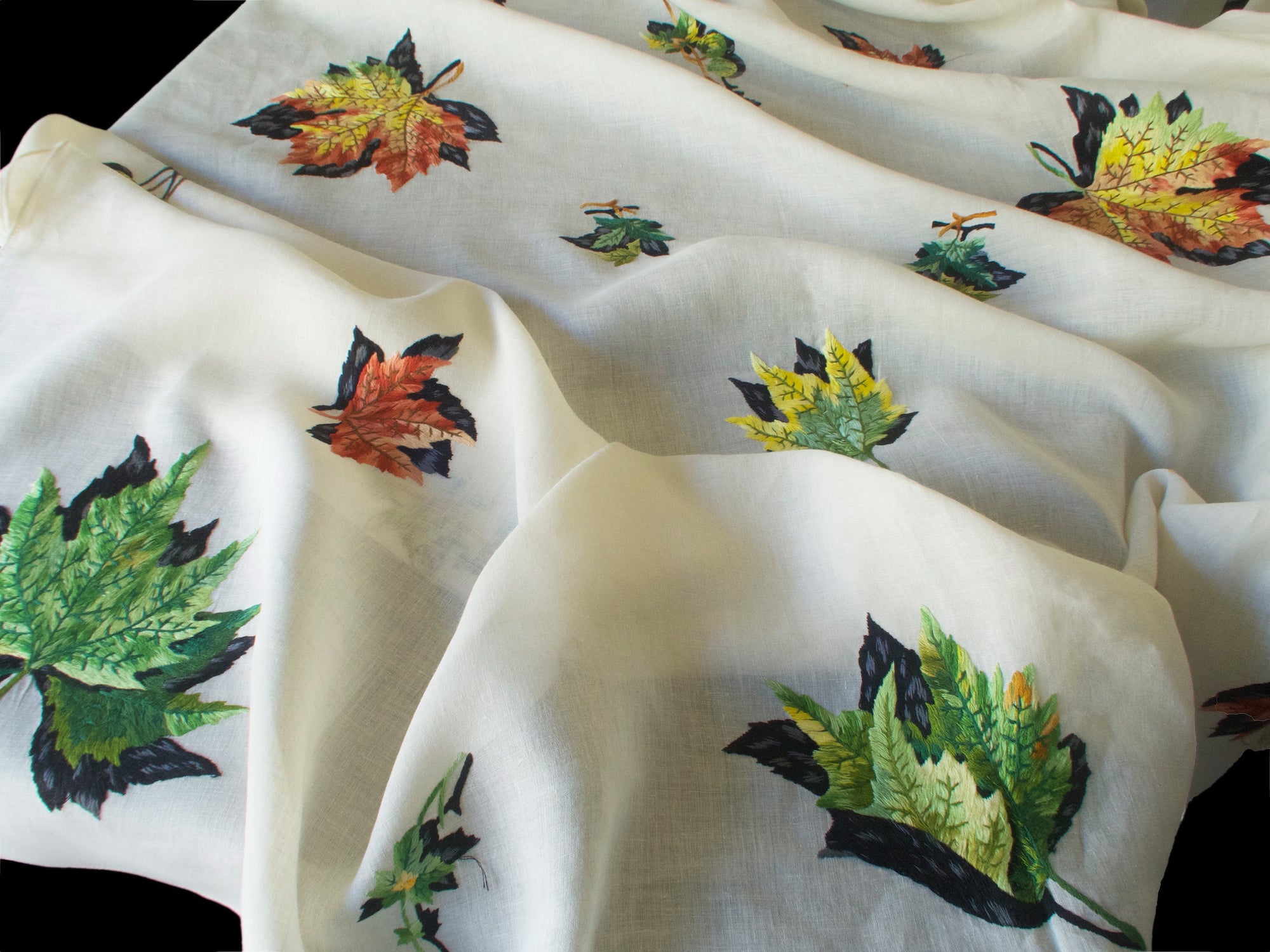Autumn Leaves Vintage Hand Embroidered Italian Tablecloth 68x120"