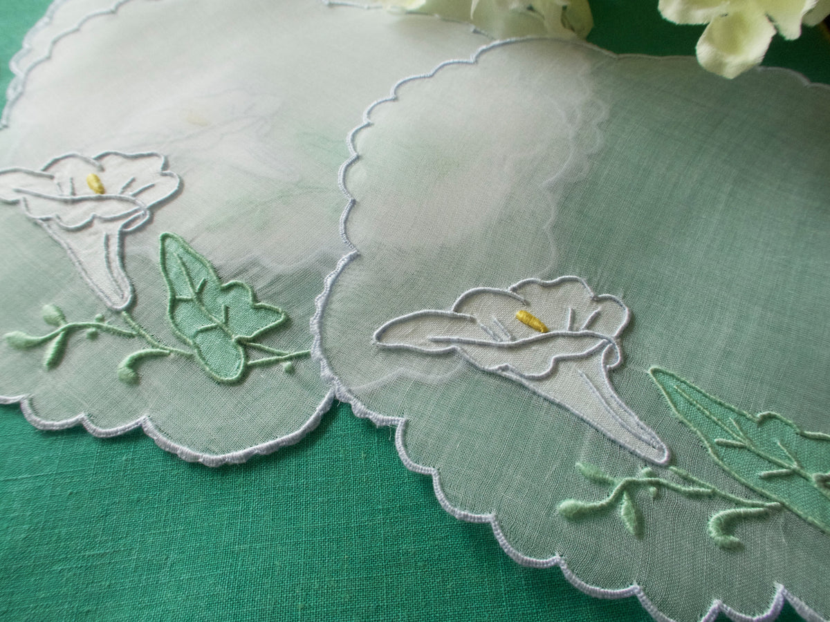 Calla Lilies Vintage Madeira Organdy Cocktail Rounds Napkins, Set of 6