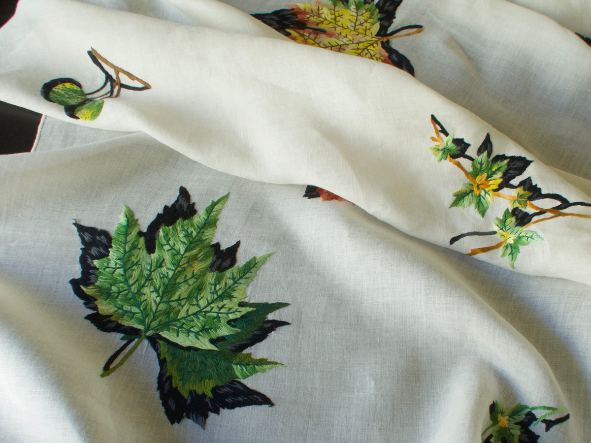 Autumn Leaves Vintage Hand Embroidered Italian Tablecloth 68x120