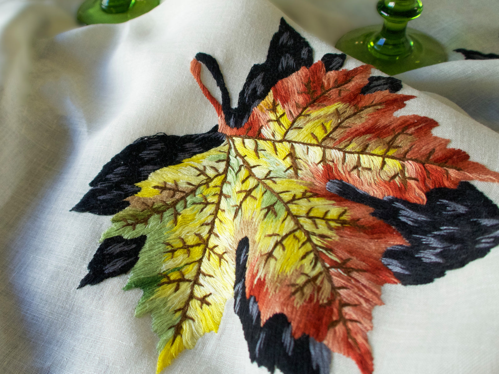 Autumn Leaves Vintage Hand Embroidered Italian Tablecloth 68x120