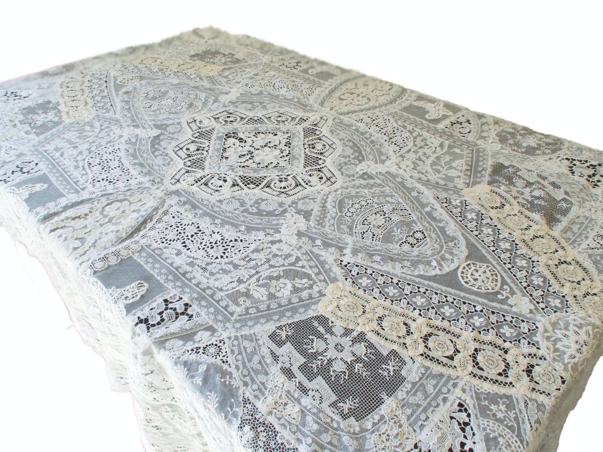 Antique Mixed Lace Hand Pieced Bridal Tablecloth 56x78"