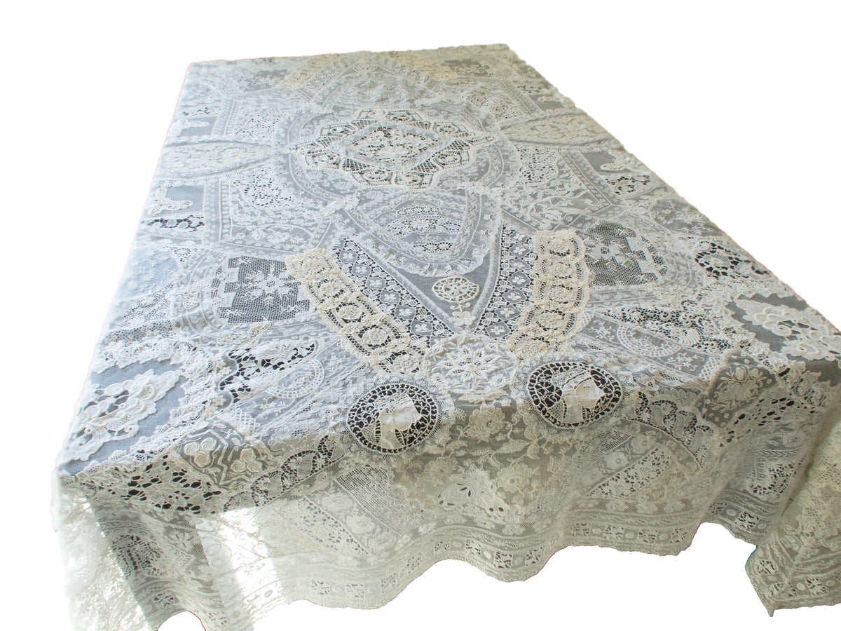Antique Mixed Lace Hand Pieced Bridal Tablecloth 56x78"