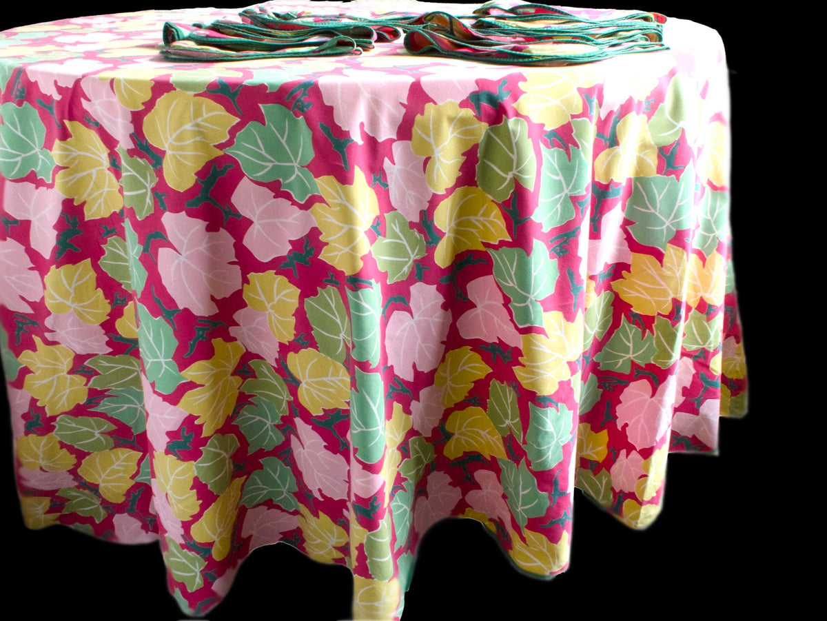 Leaves Vintage D Porthault 116&quot; Round Cotton Tablecloth &amp; 12 Napkins