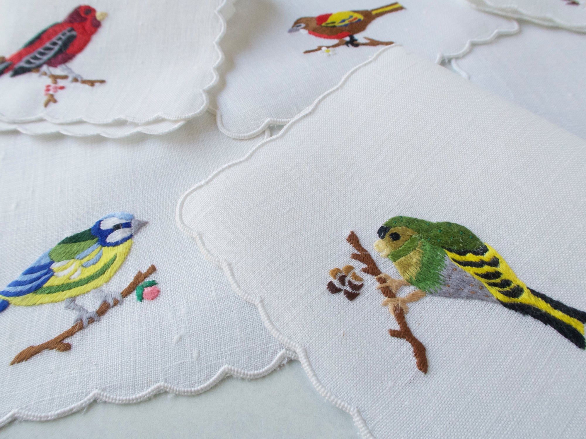 Song Birds Vintage Hand Embroidered Cocktail Napkins, Set of 8