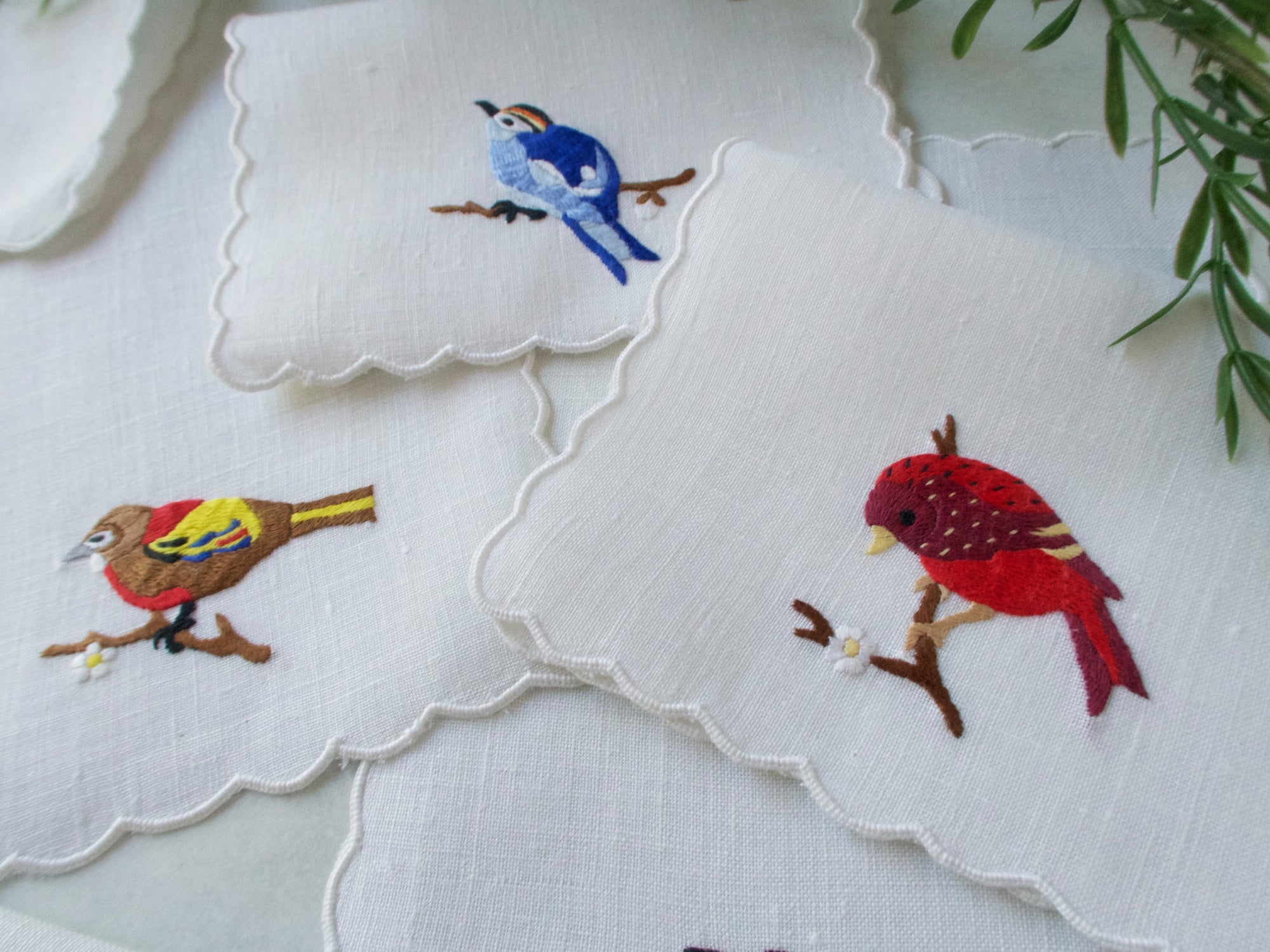 Song Birds Vintage Hand Embroidered Cocktail Napkins, Set of 8