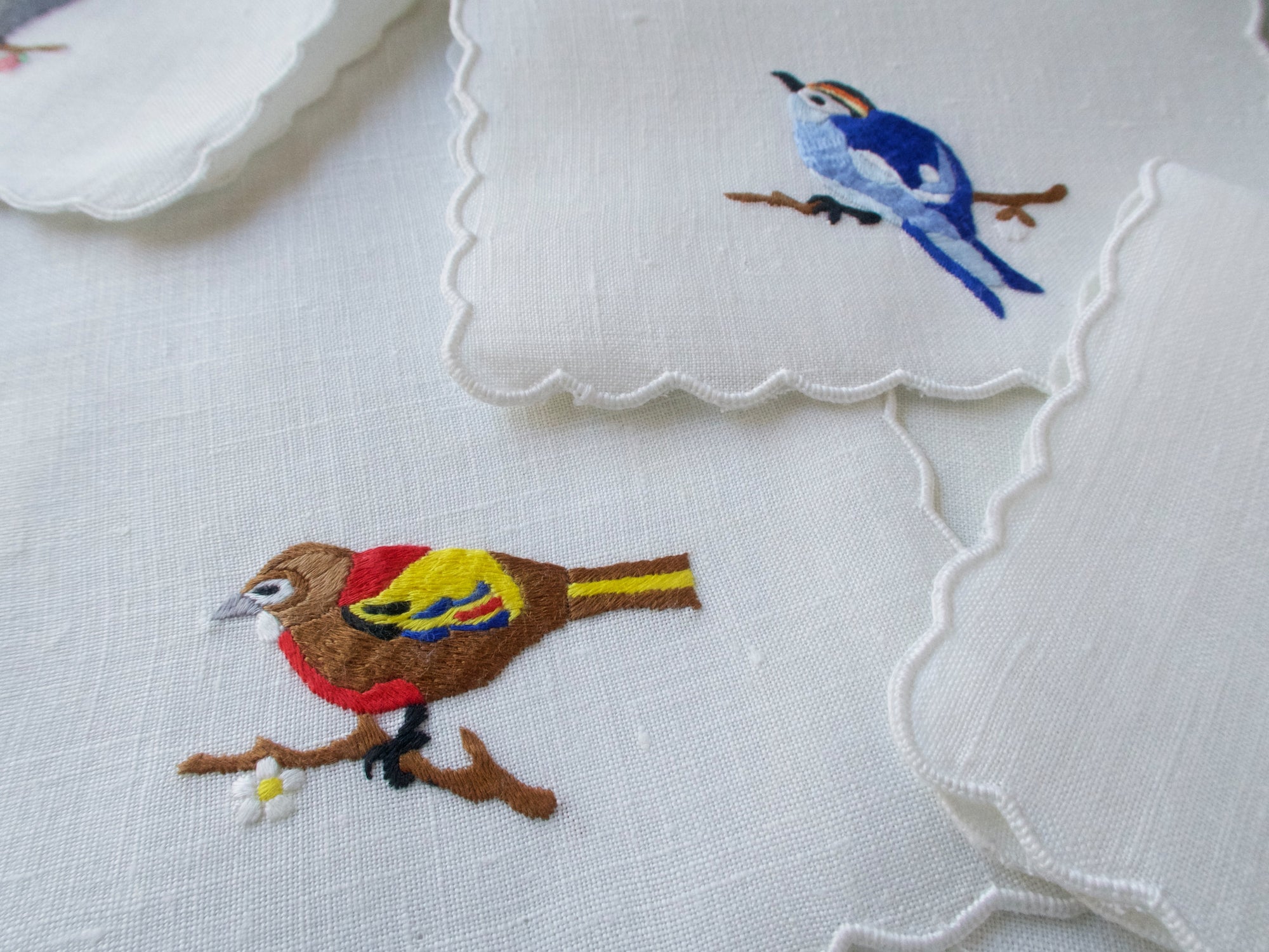 Song Birds Vintage Hand Embroidered Cocktail Napkins, Set of 8