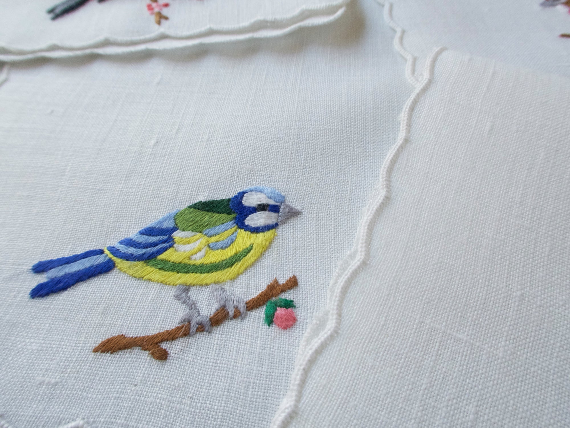 Song Birds Vintage Hand Embroidered Cocktail Napkins, Set of 8