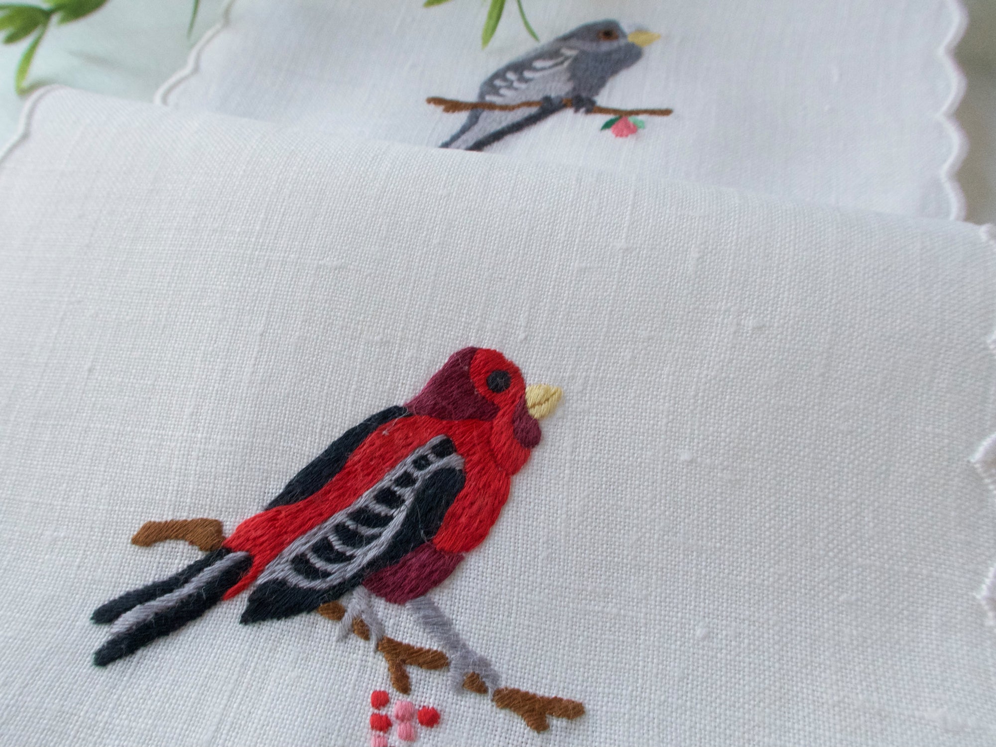 Song Birds Vintage Hand Embroidered Cocktail Napkins, Set of 8