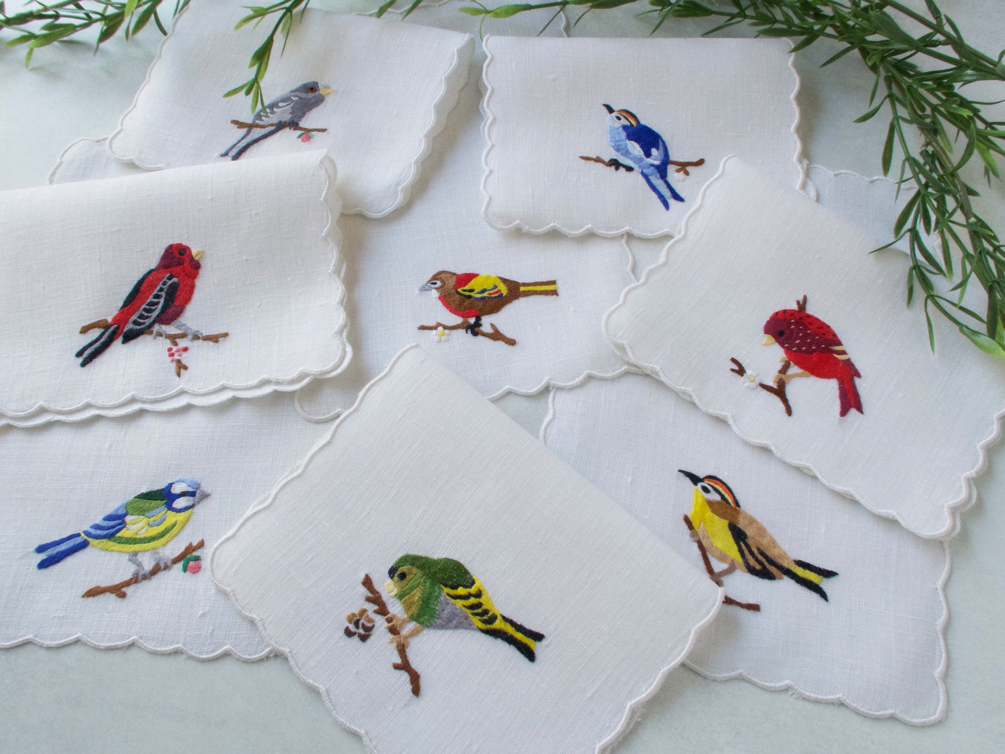 Song Birds Vintage Hand Embroidered Cocktail Napkins, Set of 8