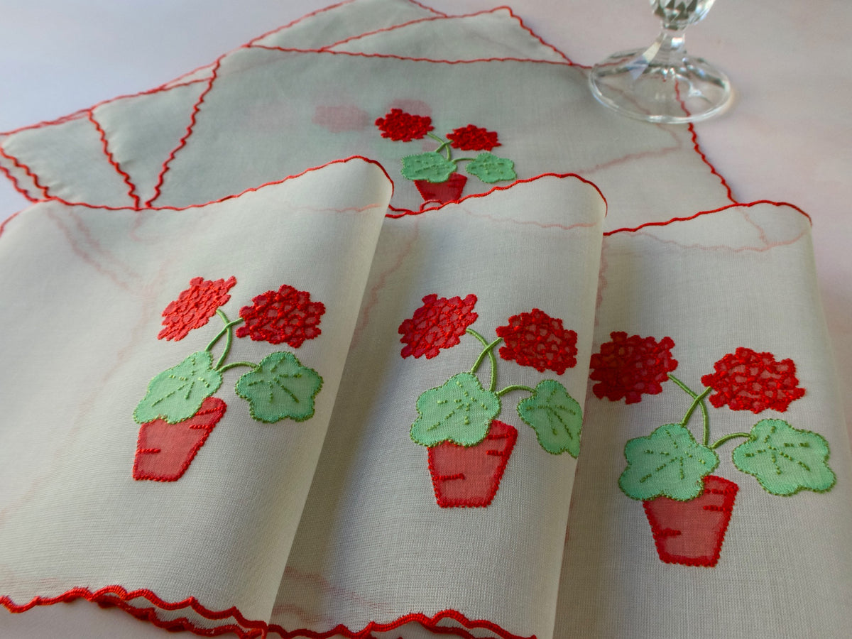 &quot;Geranium&quot; in Red Marghab Organdy Cocktail Napkins, Set of 8