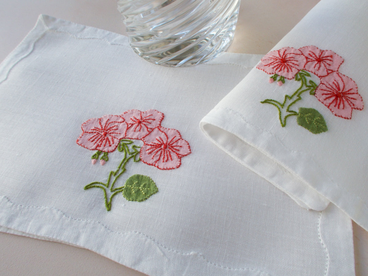 Stylized Pink Geraniums Vintage Madeira Linen Cocktail Napkins, Set of 8