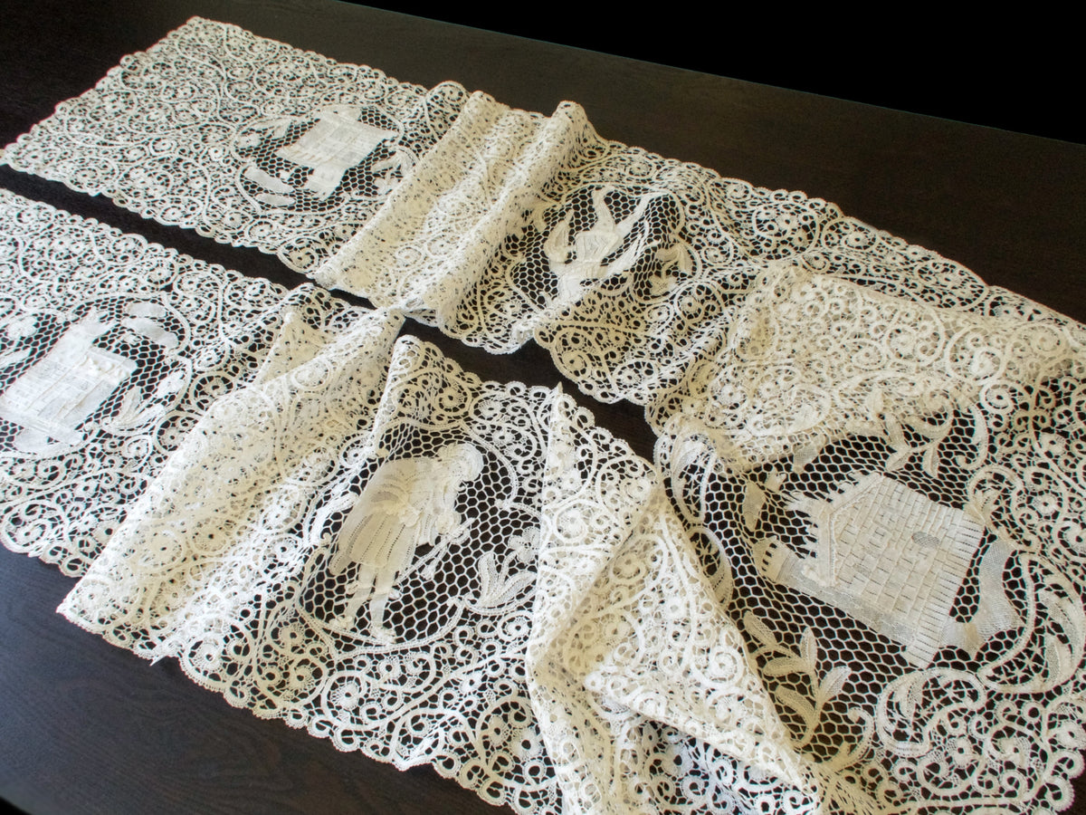Antique Cantu Lace Table Runner Castles and Troubadours 10x116&quot;