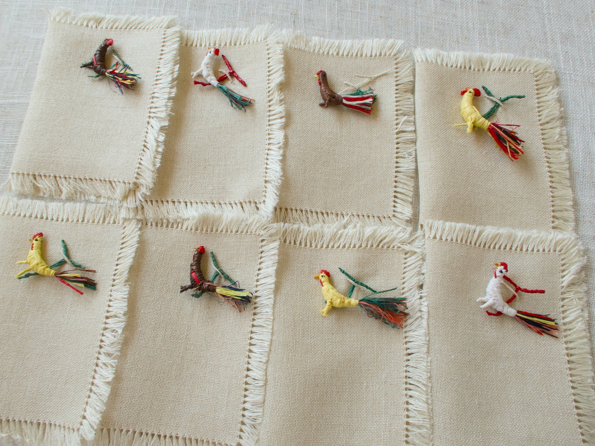 Straw Roosters Summer Drinks Vintage Italian Cocktail Napkins, Set of 8