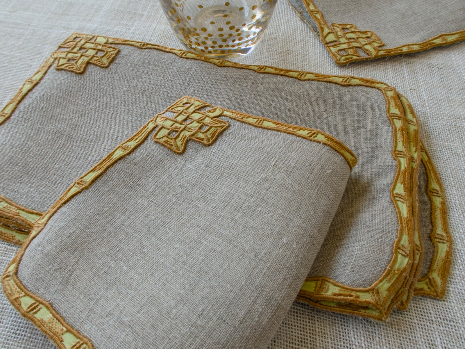 Stylized Bamboo Vintage Madeira Linen Cocktail Napkins, Set of 8