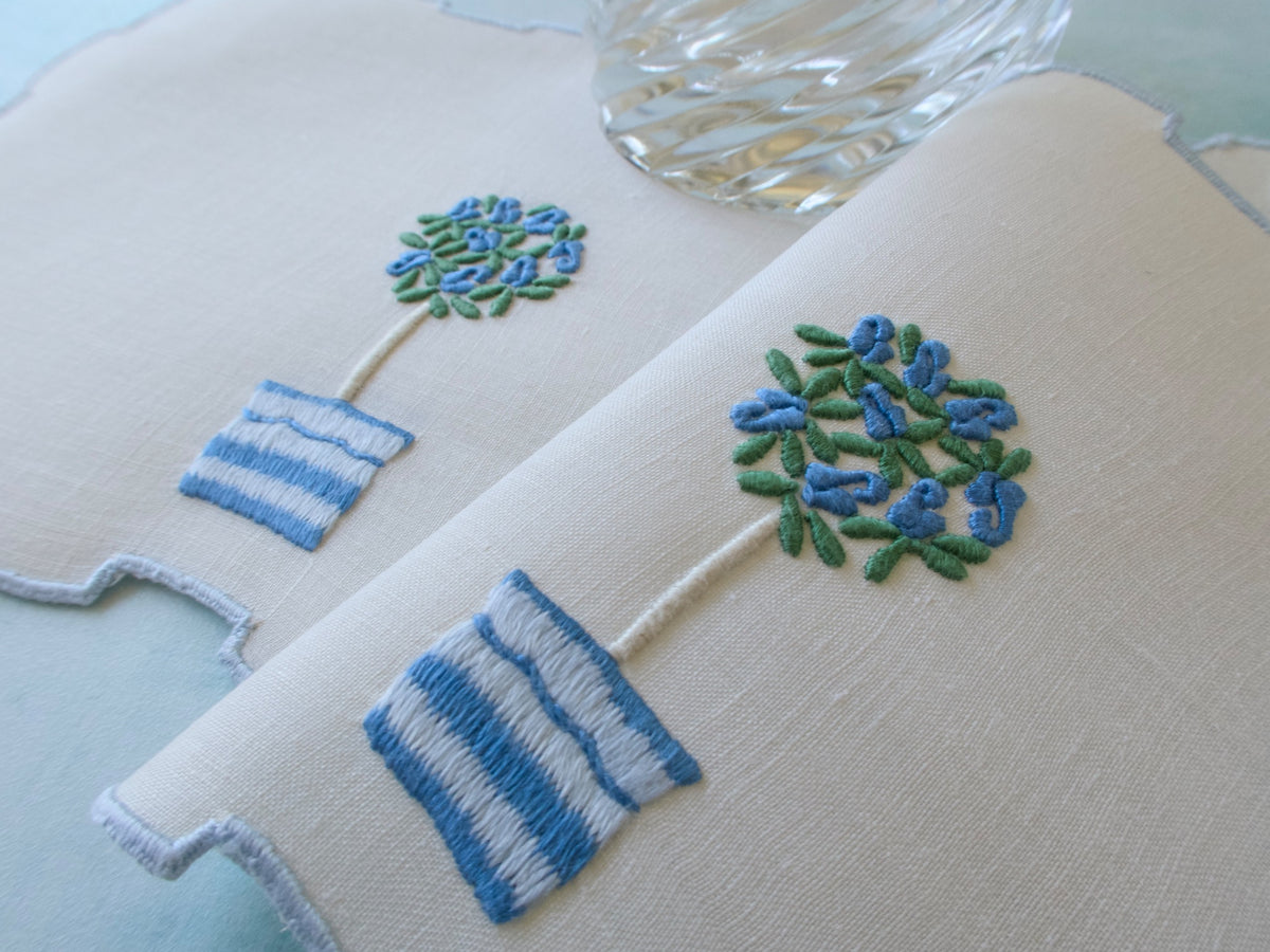 Blue Rose Tree vintage Madeira Linen Cocktail Napkins, Set of 8