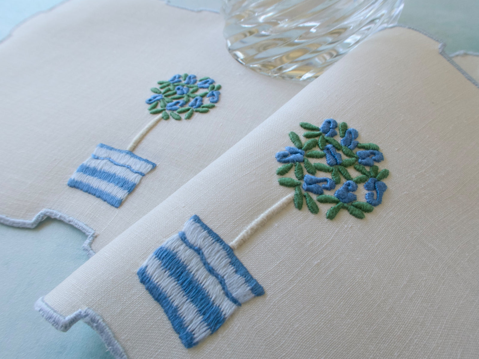 Blue Rose Tree vintage Madeira Linen Cocktail Napkins, Set of 8