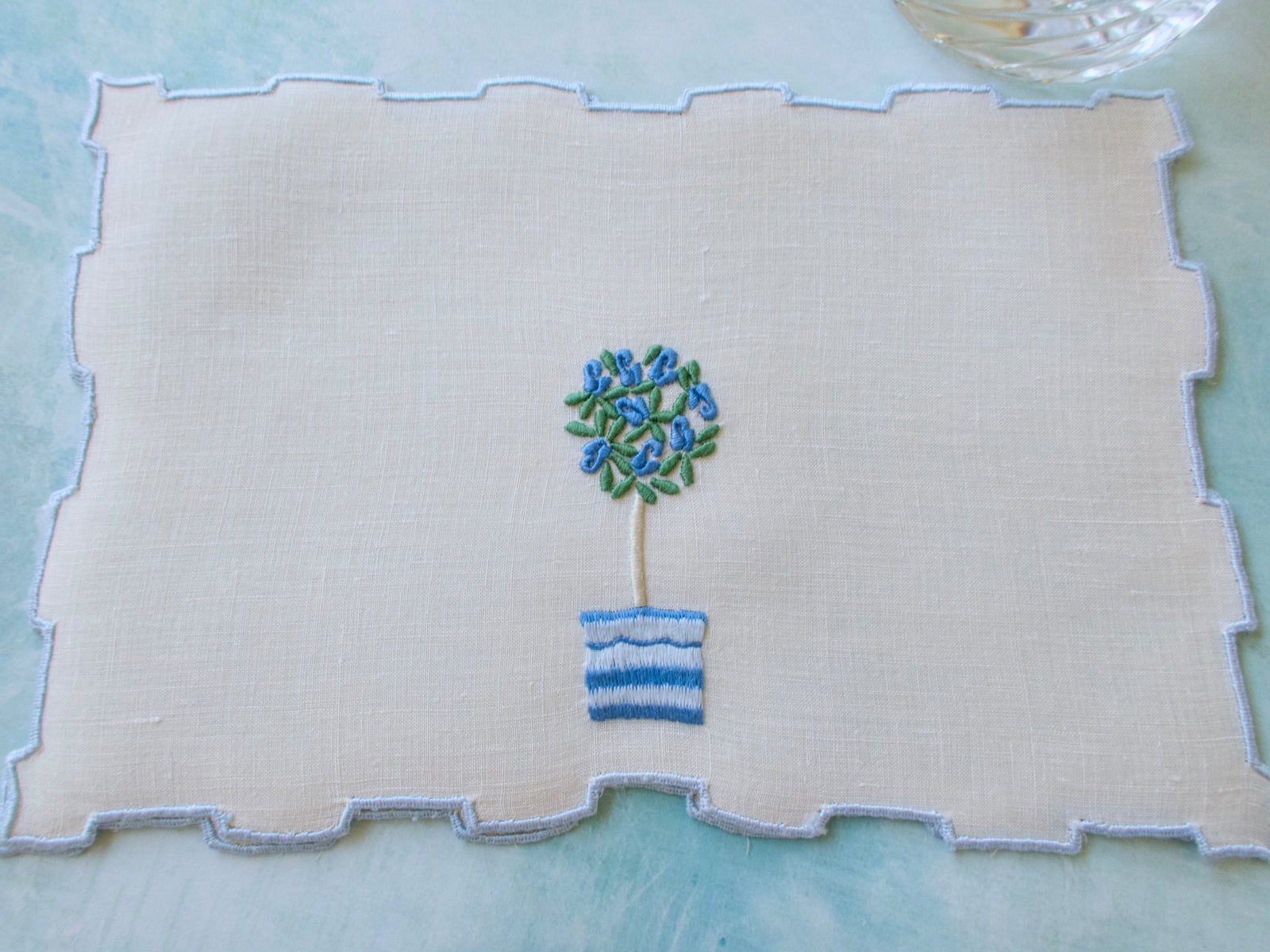Blue Rose Tree vintage Madeira Linen Cocktail Napkins, Set of 8