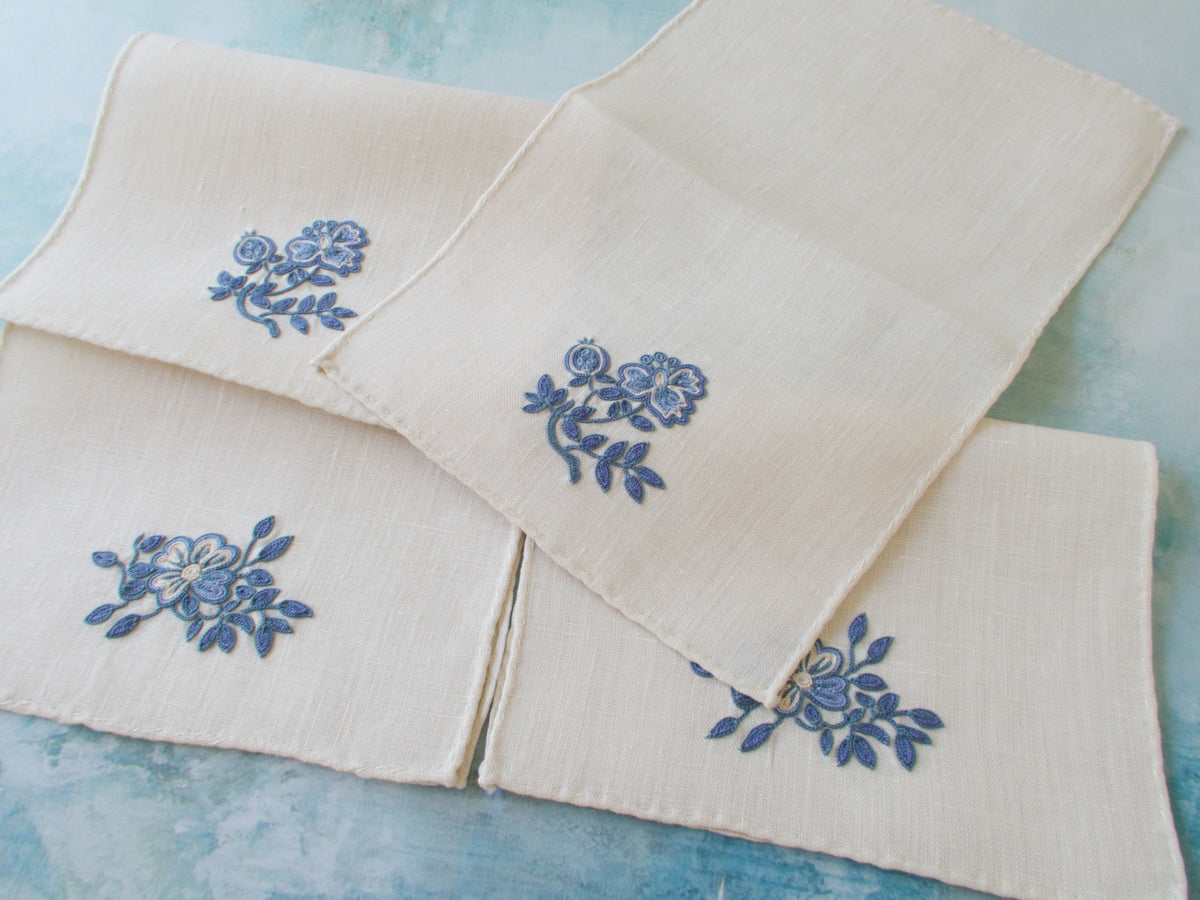 Flowers in Blue Vintage French Beauvais Cocktail Napkins, Set of 4