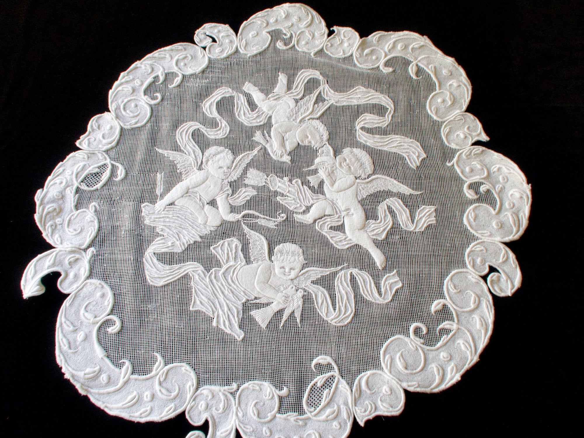 Cherubs Antique Embroidered 20" Table Centerpiece Ornament #1