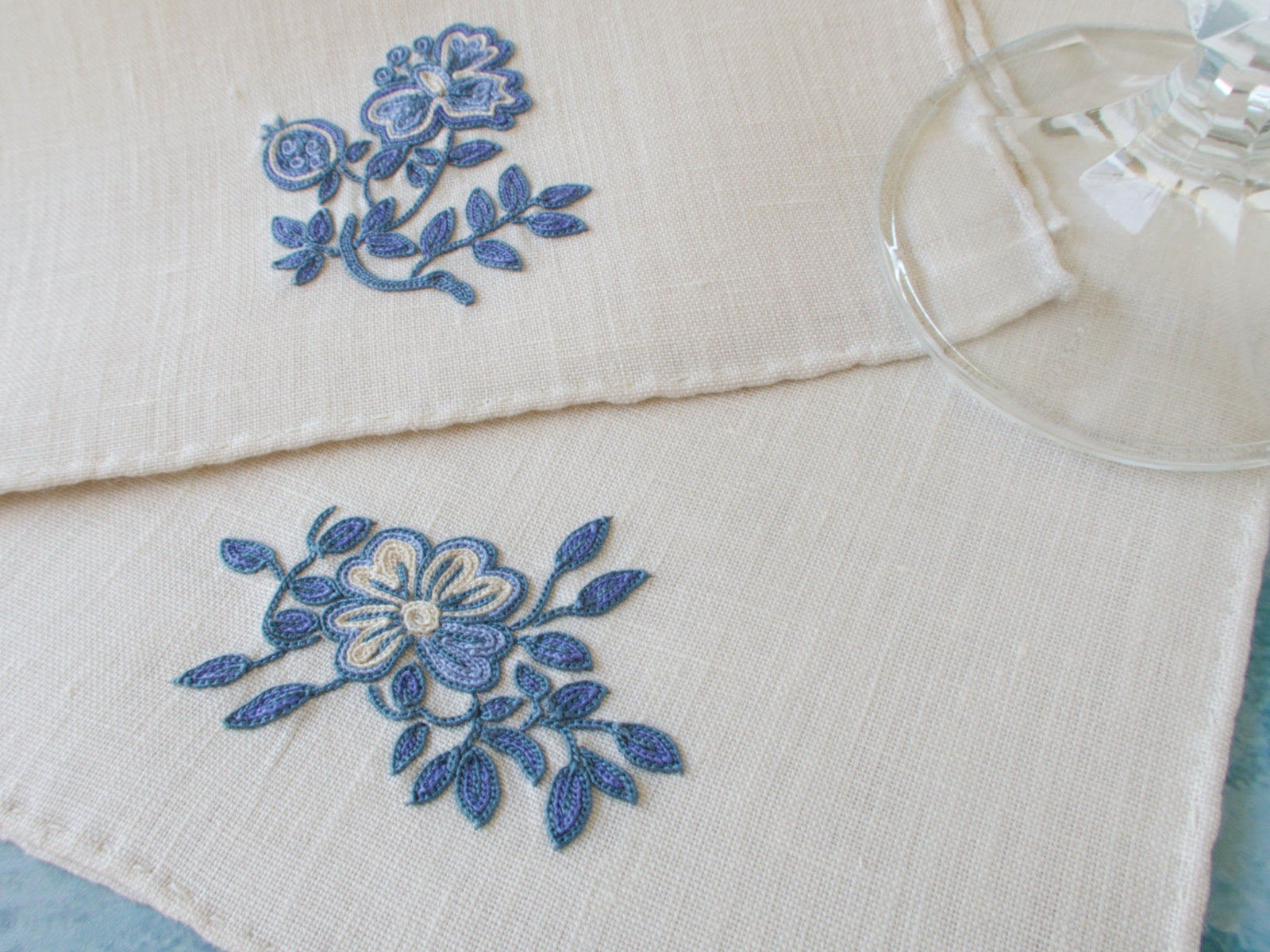 Flowers in Blue Vintage French Beauvais Cocktail Napkins, Set of 4