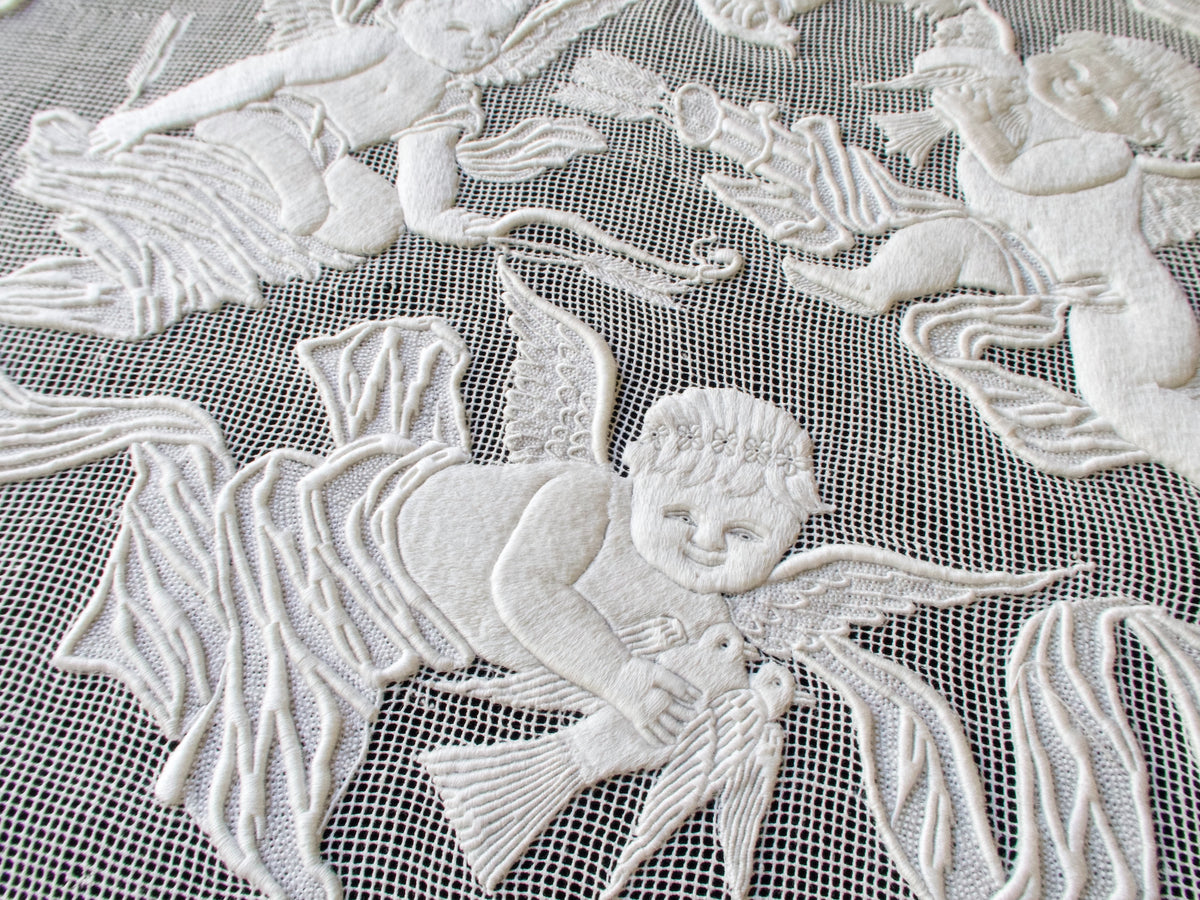 Cherubs Antique Embroidered 20&quot; Table Centerpiece Ornament #1