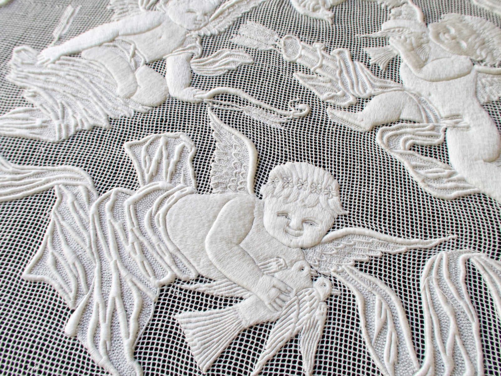 Cherubs Antique Embroidered 20" Table Centerpiece Ornament #1