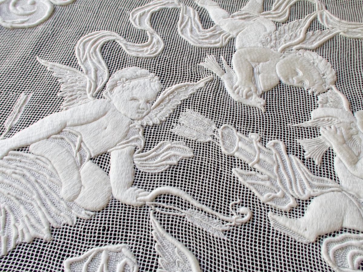Cherubs Antique Embroidered 20&quot; Table Centerpiece Ornament #1