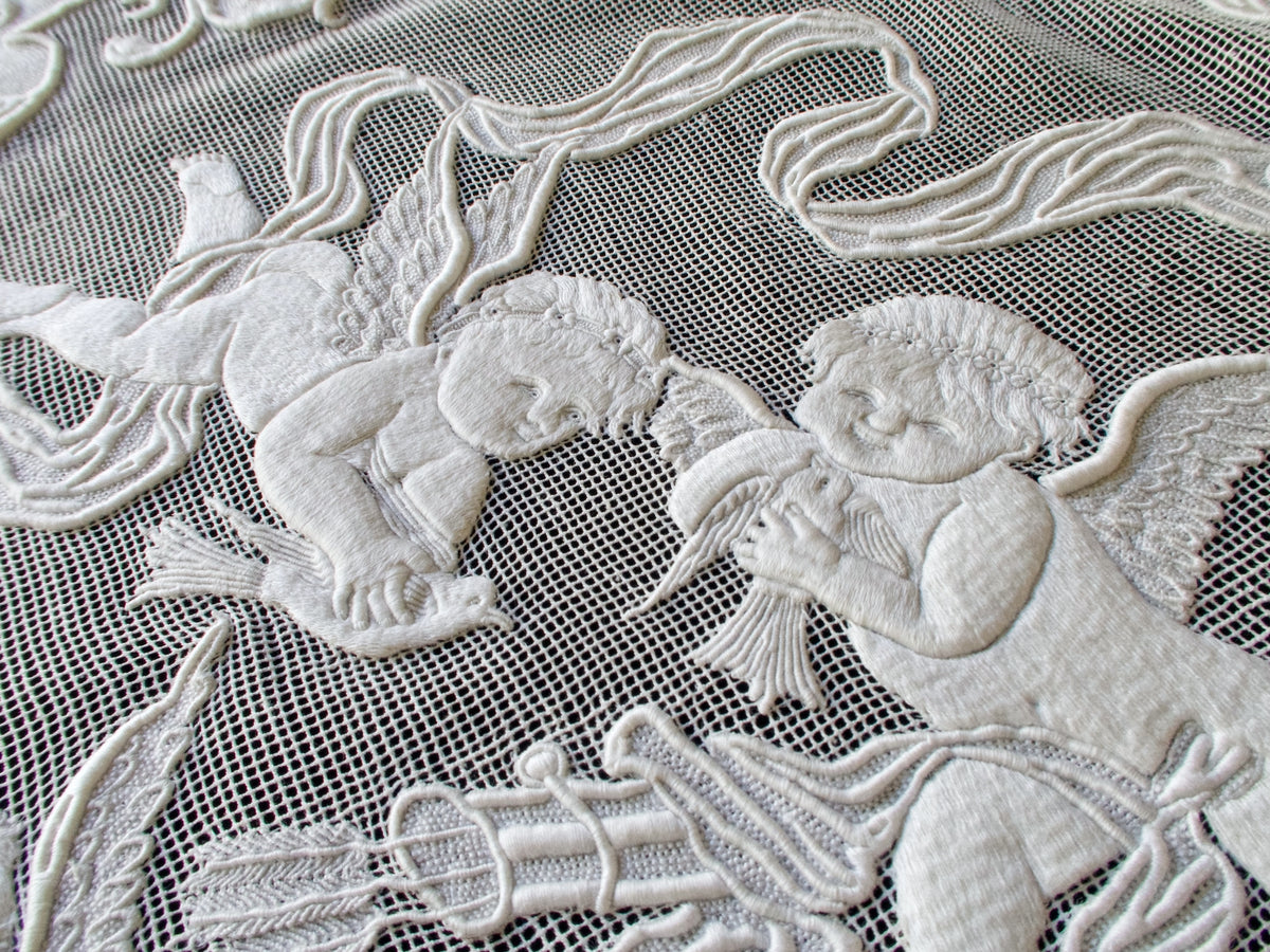 Cherubs Antique Embroidered 20&quot; Table Centerpiece Ornament #1