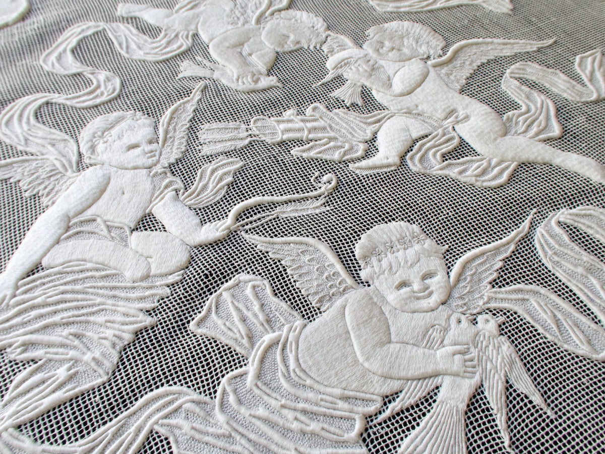 Cherubs Antique Embroidered 20&quot; Table Centerpiece Ornament #1