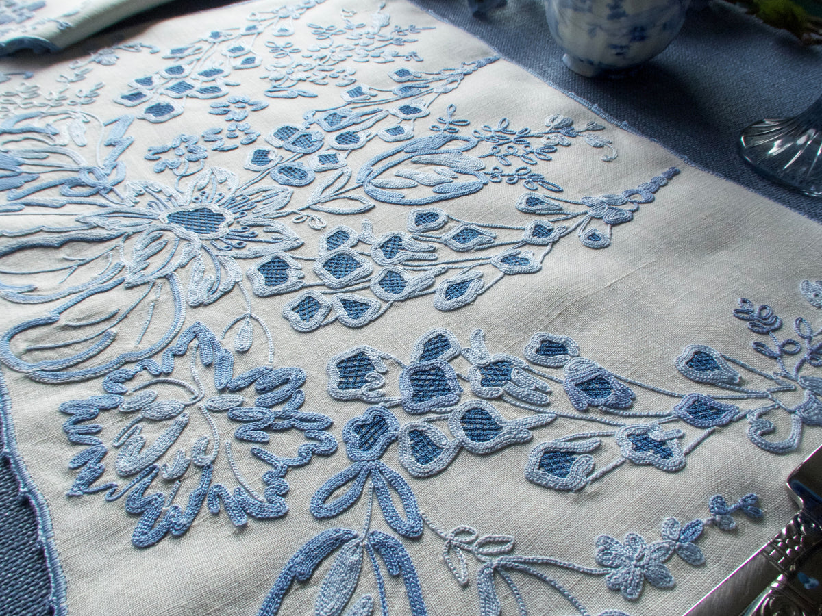 Elaborate Vintage French Beauvais Embroidered 25pc Linen Placemat Set for 12