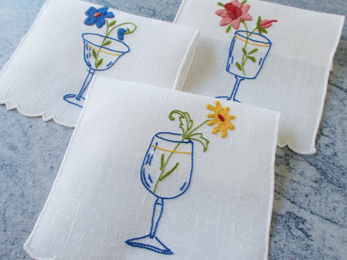 Garden Party Cocktails Vintage Madeira Linen Cocktail Napkins, Set of 6