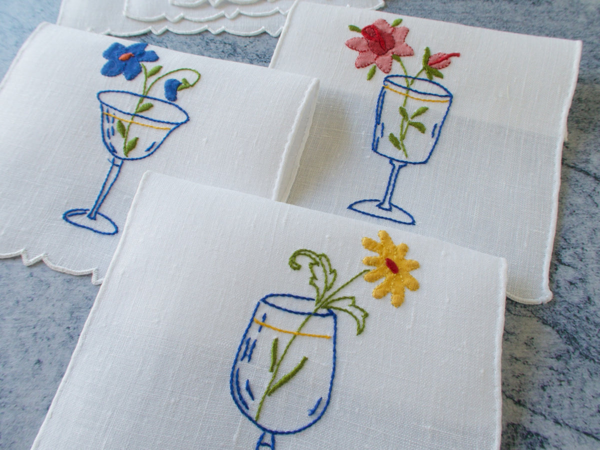 Garden Party Cocktails Vintage Madeira Linen Cocktail Napkins, Set of 6