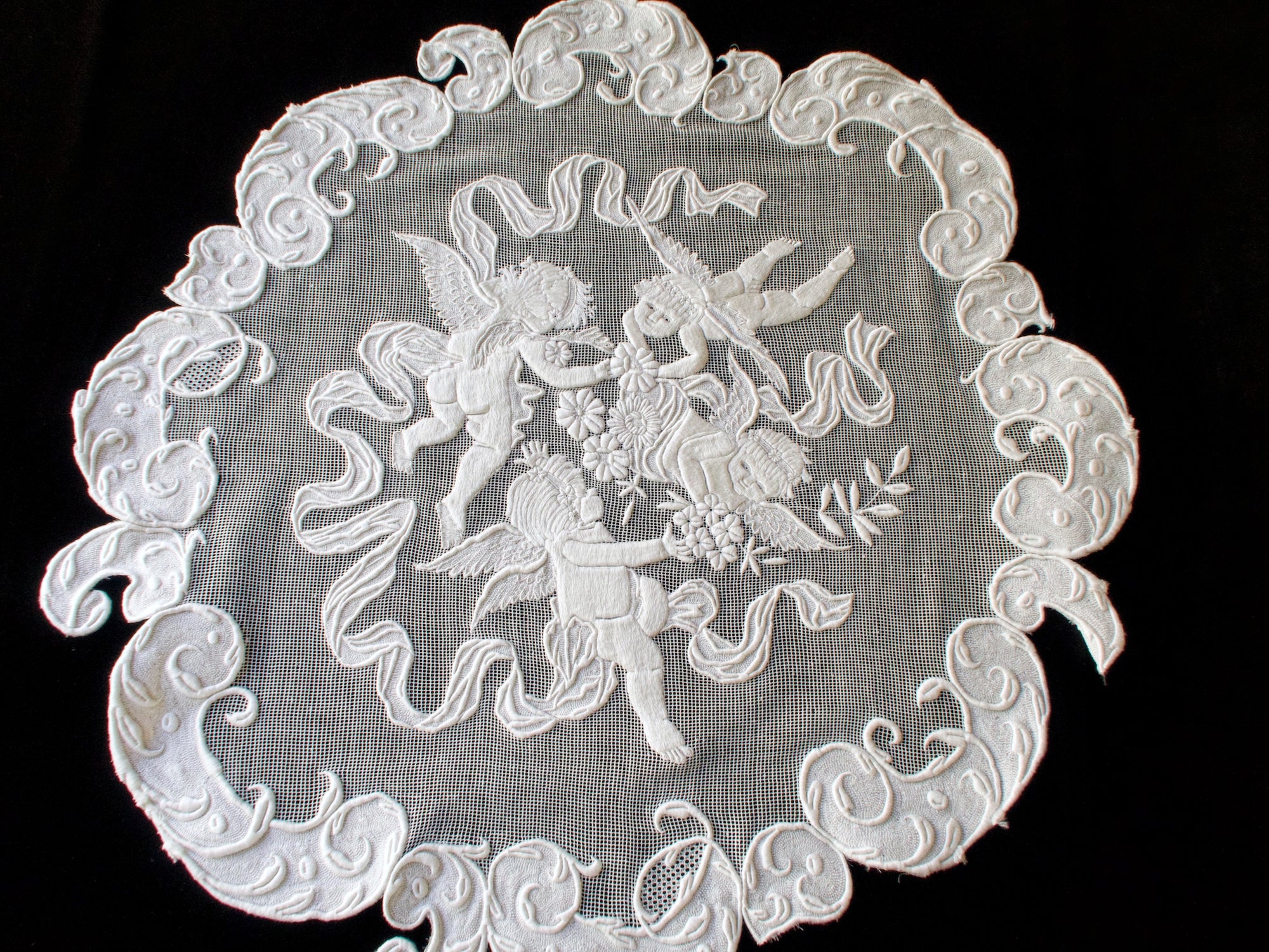 Cherubs Antique Embroidered 20" Table Centerpiece Ornament #2