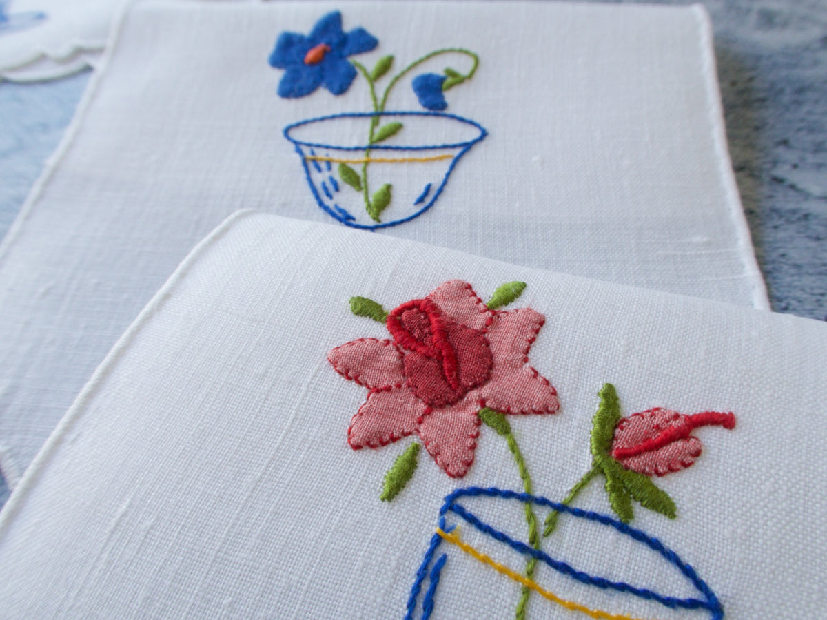 Garden Party Cocktails Vintage Madeira Linen Cocktail Napkins, Set of 6