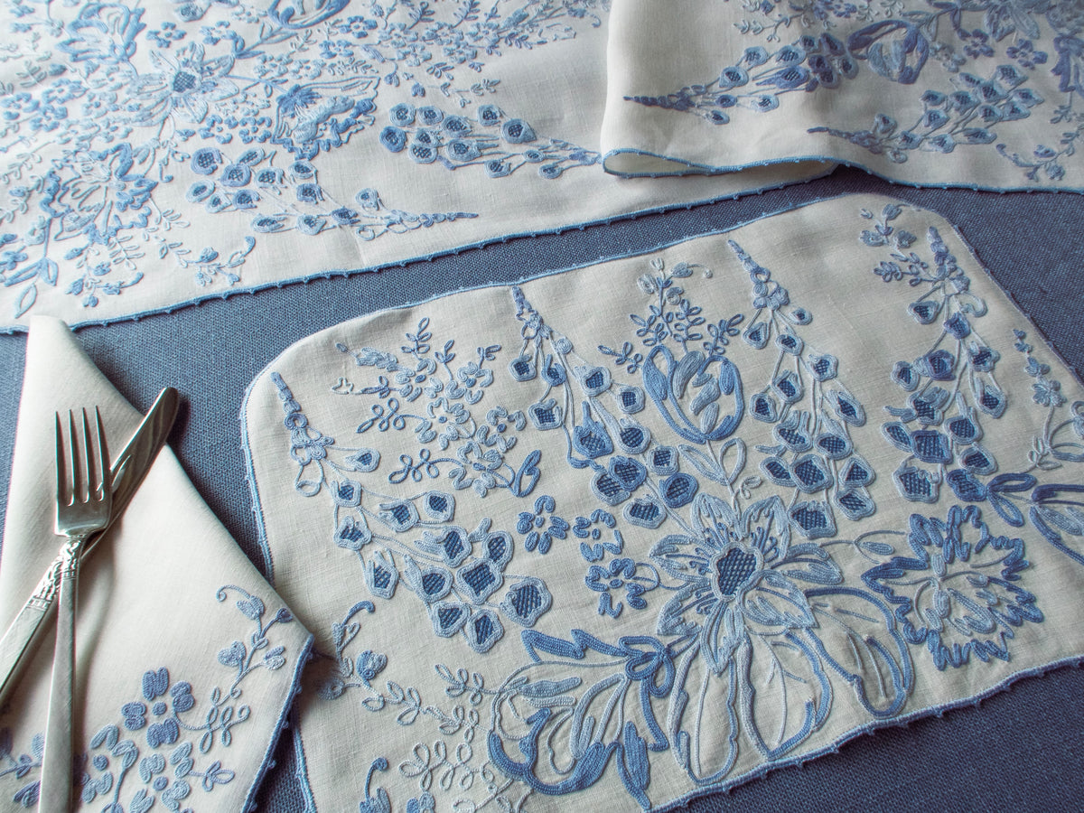 Elaborate Vintage French Beauvais Embroidered 25pc Linen Placemat Set for 12