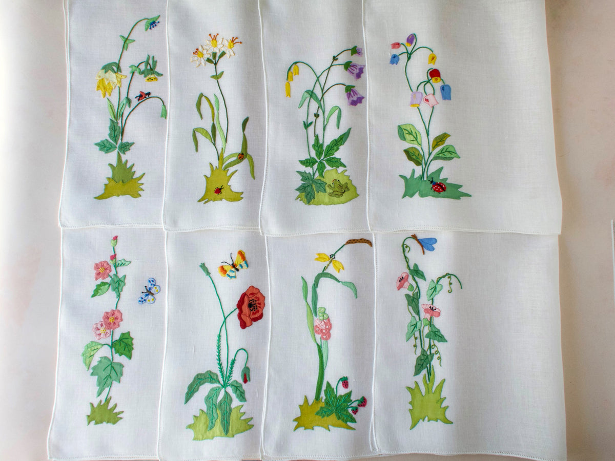 Insects, Frog &amp; Flowers Italian Embroidery on Linen, Set of 8 Placemats