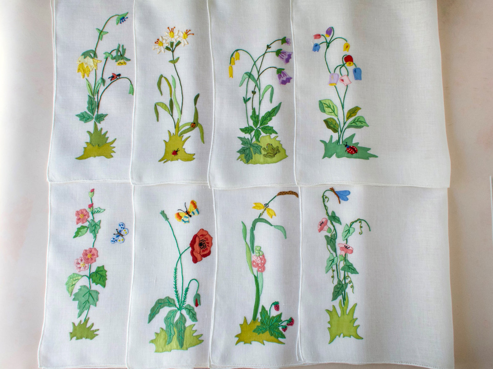 Insects, Frog & Flowers Italian Embroidery on Linen, Set of 8 Placemats