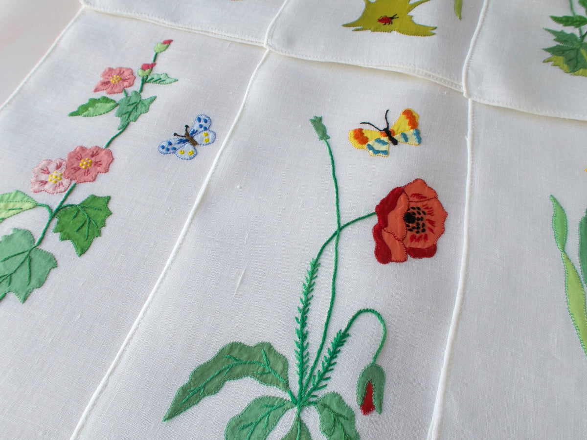Insects, Frog &amp; Flowers Italian Embroidery on Linen, Set of 8 Placemats