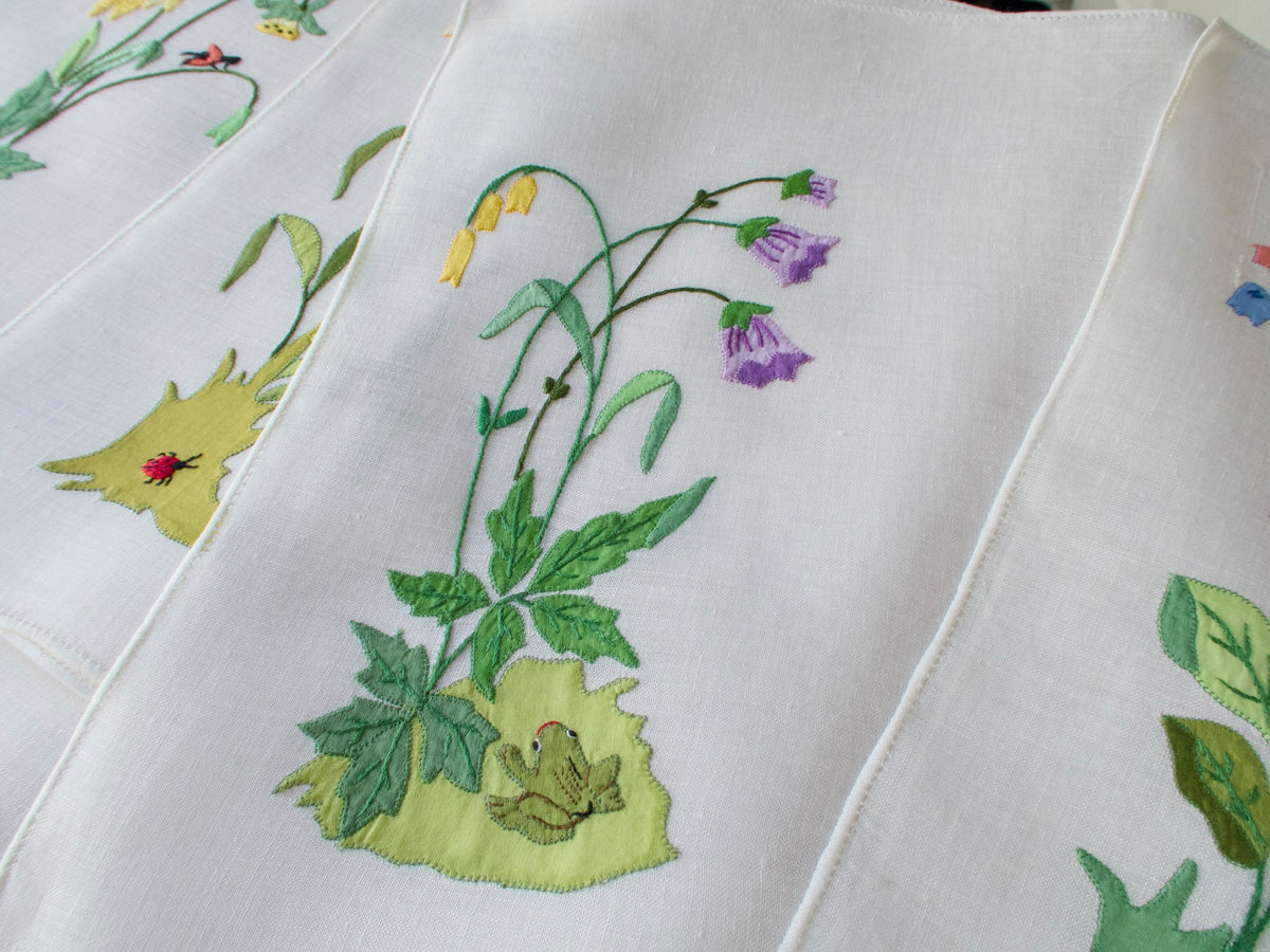 Insects, Frog &amp; Flowers Italian Embroidery on Linen, Set of 8 Placemats